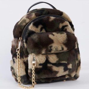 Camo Faux Shearling Mini Backpack With Chain Detai